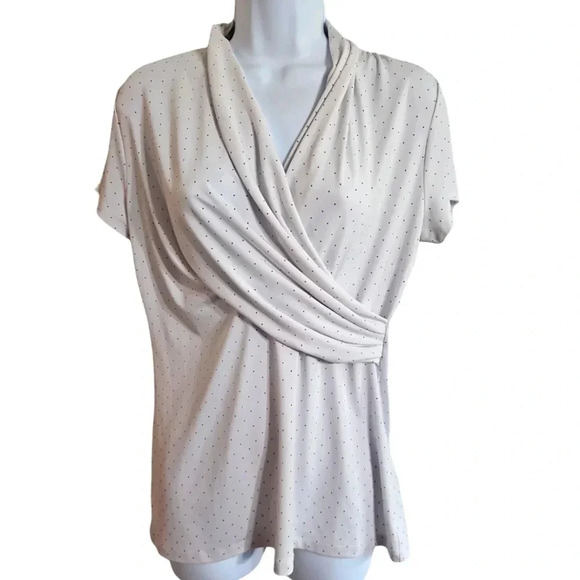 Dkny Tops - DKNY Medium White Black Polka Dot Faux Wrap Corporate Classic Feminine Blouse